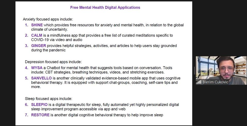 Free applications for mental health from DOHMH listed with a photo of the presenter