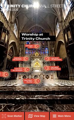 Screenshot of AR app red buttons to click while looking at Trinity Church's altar