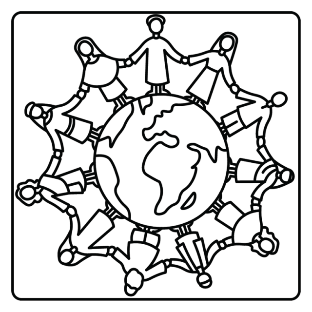 A cartoon line drawing of people holding hands across the globe