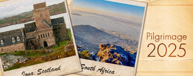 Polaroid-style images of Iona Abbey in Scotland and Cape Town, South Africa, with caption reading Pilgrimage 2025