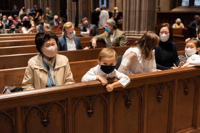 Families in Trinity Church pews on All Saints Sunday 2021