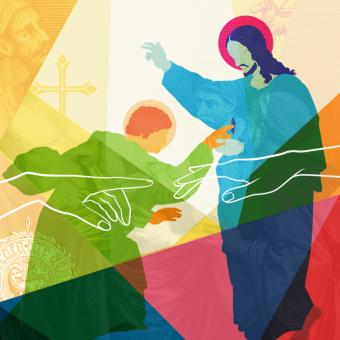 A colorful collage illustration of Thomas the disciple touching Jesus's wound