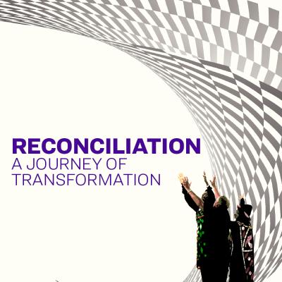 "Reconciliation: A Journey of Transformation;" dancers stand with hands reaching up against in front of a checkerboard vortex background