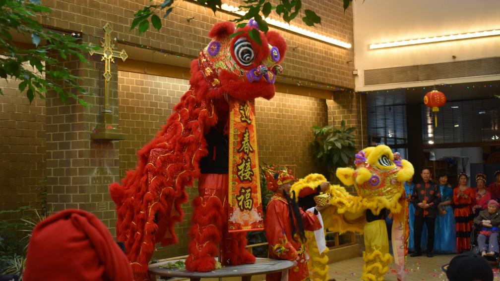 Red and yellow giant puppets of lions for Lunar New Year