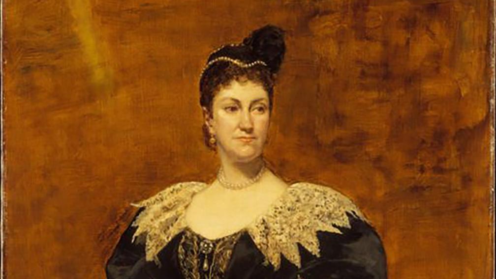 A painting of Caroline Webster Schermerhorn Astor with a black dress and brown background