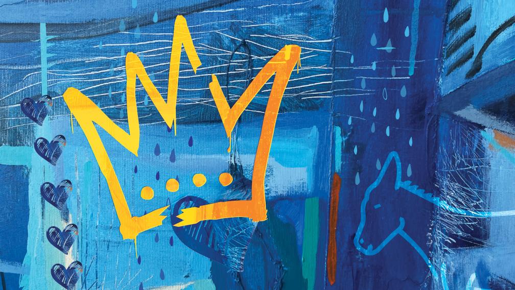 An illustration of a broken yellow crown over a textured blue background featuring a donkey and hearts