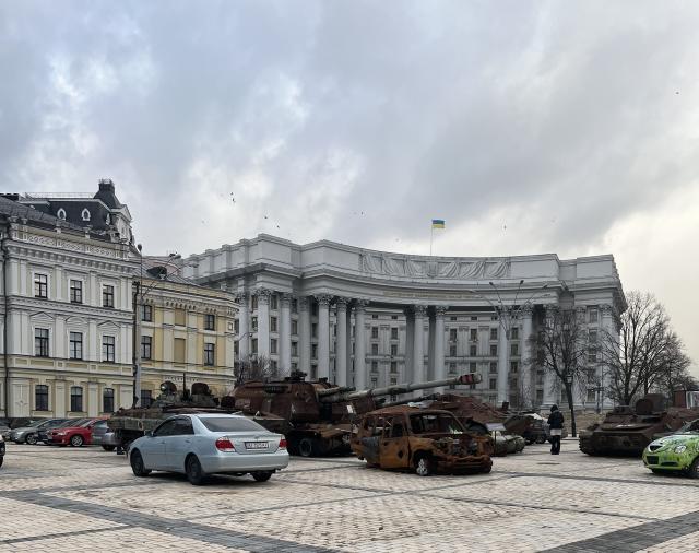 Remnants of destroyed Russian tanks on display in public square in Kyiv