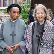 Sister Gloria Shirley at left stands in the Trinity Churchyard; Sister Ann Whittaker at right poses at the Parish Picnic