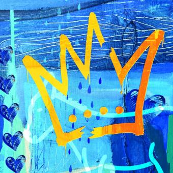 An illustration of a broken yellow crown over a textured blue background featuring hearts